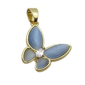 Copper Butterfly Pendant Pave Blue Catseye Gold Plated, approx 16-18mm [FN35273]