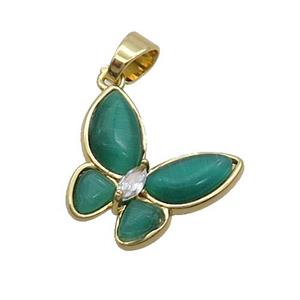 Copper Butterfly Pendant Pave Green Catseye Gold Plated, approx 16-18mm [FN35274]
