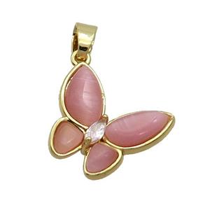 Copper Butterfly Pendant Pave Pink Catseye Gold Plated, approx 16-18mm [FN35276]