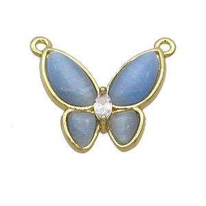 Copper Butterfly Pendant Pave Blue Catseye 2loops Gold Plated, approx 16-18mm [FN35281]