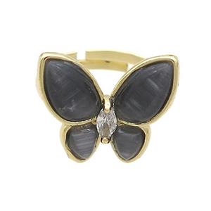 Copper Butterfly Ring Pave Black Catseye Adjustable Gold Plated, approx 16-18mm, 18mm dia [FN35297]