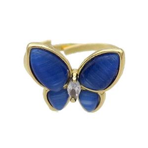 Copper Butterfly Ring Pave Blue Catseye Adjustable Gold Plated, approx 16-18mm, 18mm dia [FN35299]