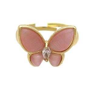 Copper Butterfly Ring Pave Pink Catseye Adjustable Gold Plated, approx 16-18mm, 18mm dia [FN35300]
