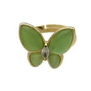 Copper Butterfly Ring Pave Green Catseye Adjustable Gold Plated, approx 16-18mm, 18mm dia [FN35302]