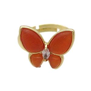 Copper Butterfly Ring Pave Red Catseye Adjustable Gold Plated, approx 16-18mm, 18mm dia [FN35303]
