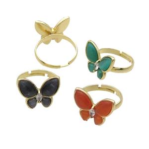 Copper Butterfly Ring Pave Catseye Adjustable Gold Plated Mixed, approx 16-18mm, 18mm dia [FN35304]