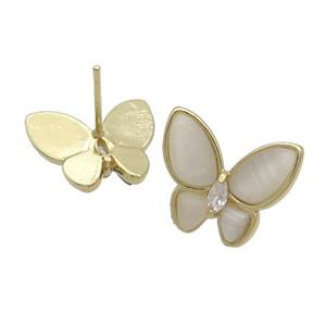 Copper Butterfly Stud Earring Pave White Catseye Gold Plated, approx 16-18mm [FN35305]