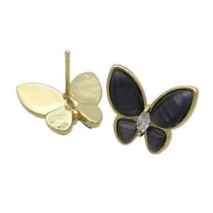 Copper Butterfly Stud Earring Pave Black Catseye Gold Plated, approx 16-18mm [FN35307]