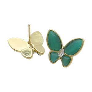 Copper Butterfly Stud Earring Pave Green Catseye Gold Plated, approx 16-18mm [FN35311]