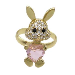 Copper Rabbit Ring Pave Zircon Pink Crystal Adjustable Gold Plated, approx 11-25mm, 18mm dia [FN35337]