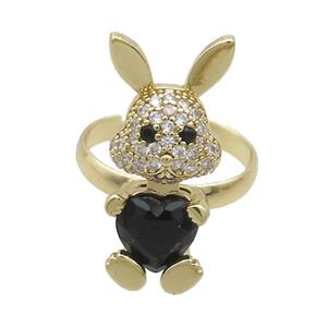 Copper Rabbit Ring Pave Zircon Black Crystal Adjustable Gold Plated, approx 11-25mm, 18mm dia [FN35338]