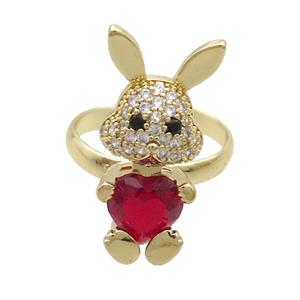 Copper Rabbit Ring Pave Zircon Red Crystal Adjustable Gold Plated, approx 11-25mm, 18mm dia [FN35342]