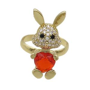 Copper Rabbit Ring Pave Zircon Red Crystal Adjustable Gold Plated, approx 11-25mm, 18mm dia [FN35343]