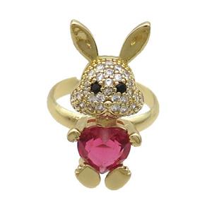 Copper Rabbit Ring Pave Zircon Red Crystal Adjustable Gold Plated, approx 11-25mm, 18mm dia [FN35344]