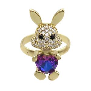 Copper Rabbit Ring Pave Zircon Bluepurple Crystal Adjustable Gold Plated, approx 11-25mm, 18mm dia [FN35348]