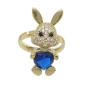 Copper Rabbit Ring Pave Zircon Blue Crystal Adjustable Gold Plated, approx 11-25mm, 18mm dia [FN35349]