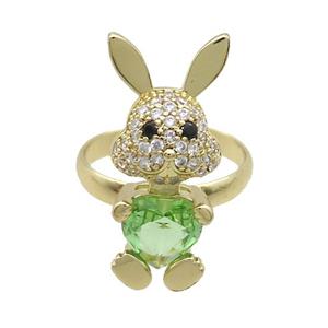 Copper Rabbit Ring Pave Zircon Green Crystal Adjustable Gold Plated, approx 11-25mm, 18mm dia [FN35352]