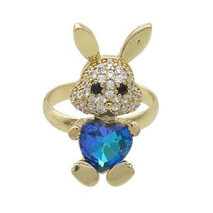 Copper Rabbit Ring Pave Zircon Blue Crystal Adjustable Gold Plated, approx 11-25mm, 18mm dia [FN35353]
