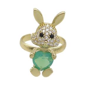 Copper Rabbit Ring Pave Zircon Green Crystal Adjustable Gold Plated, approx 11-25mm, 18mm dia [FN35354]