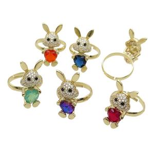 Copper Rabbit Ring Pave Zircon Crystal Adjustable Gold Plated Mixed, approx 11-25mm, 18mm dia [FN35358]