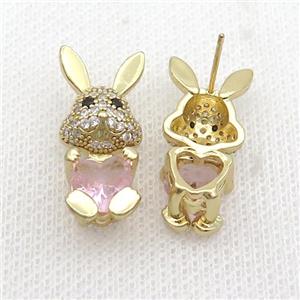 Copper Rabbit Stud Earring Pave Zircon Pink Crystal Gold Plated, approx 11-25mm [FN35360]