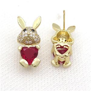 Copper Rabbit Stud Earring Pave Zircon Red Crystal Gold Plated, approx 11-25mm [FN35364]