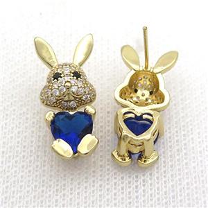 Copper Rabbit Stud Earring Pave Zircon Deepblue Crystal Gold Plated, approx 11-25mm [FN35367]