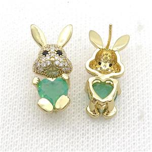 Copper Rabbit Stud Earring Pave Zircon Green Crystal Gold Plated, approx 11-25mm [FN35369]