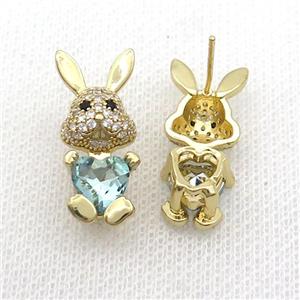 Copper Rabbit Stud Earring Pave Zircon Blue Crystal Gold Plated, approx 11-25mm [FN35370]