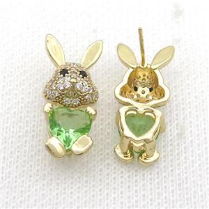 Copper Rabbit Stud Earring Pave Zircon Green Crystal Gold Plated, approx 11-25mm [FN35371]