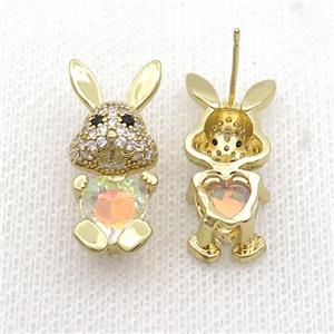 Copper Rabbit Stud Earring Pave Zircon Clear AB-color Crystal Gold Plated, approx 11-25mm [FN35372]