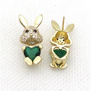 Copper Rabbit Stud Earring Pave Zircon Green Crystal Gold Plated, approx 11-25mm [FN35373]