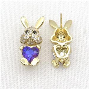 Copper Rabbit Stud Earring Pave Zircon Lavender Crystal Gold Plated, approx 11-25mm [FN35375]