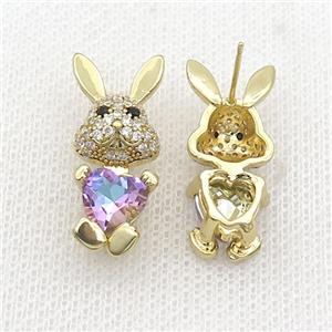 Copper Rabbit Stud Earring Pave Zircon Purple Crystal Gold Plated, approx 11-25mm [FN35376]
