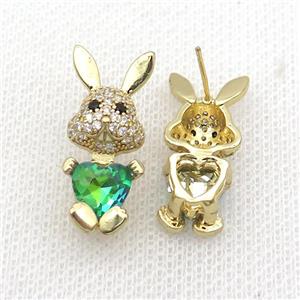 Copper Rabbit Stud Earring Pave Zircon Green Crystal Gold Plated, approx 11-25mm [FN35377]