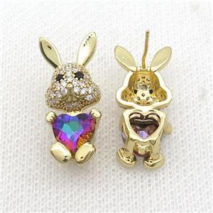 Copper Rabbit Stud Earring Pave Zircon Rainbow Crystal Gold Plated, approx 11-25mm [FN35378]