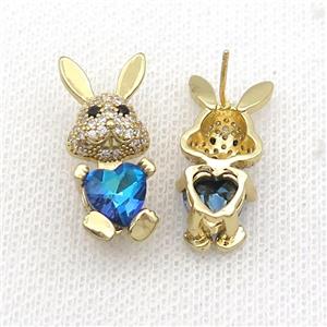 Copper Rabbit Stud Earring Pave Zircon Blue Crystal Gold Plated, approx 11-25mm [FN35379]