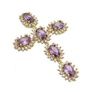 Copper Cross Pendant Pave Purple Crystal Glass Gold Plated, approx 28-42mm [FN35386]