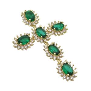 Copper Cross Pendant Pave Green Crystal Glass Gold Plated, approx 28-42mm [FN35387]