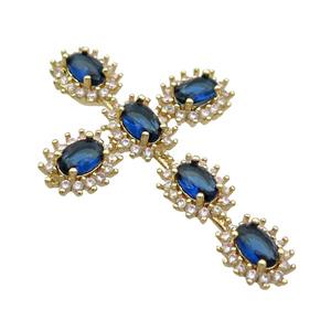 Copper Cross Pendant Pave Blue Crystal Glass Gold Plated, approx 28-42mm [FN35388]