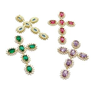 copper cross pendant pave zircon, gold plated, approx 28-42mm [FN35390]