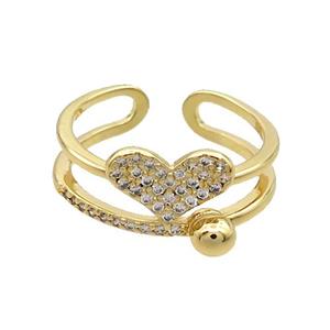 Copper Heart Ring Pave Zircon Gold Plated, approx 7-11mm, 4mm, 18mm dia [FN35434]