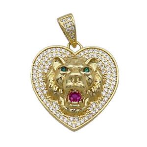 Copper Lion Pendant Pave Zircon Heart Gold Plated, approx 23mm [FN35446]