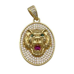 Copper Lion Pendant Pave Zircon Oval Gold Plated, approx 20-26mm [FN35447]