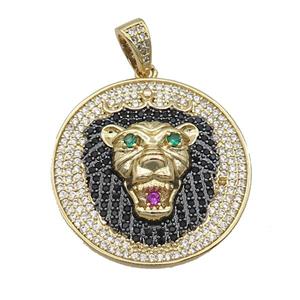 Copper Lion Pendant Pave Zircon Circle Gold Plated, approx 30mm [FN35457]