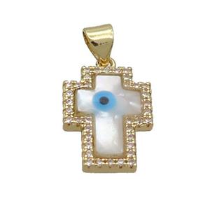 Copper Cross Pendant Pave Shell Evil Eye Gold Plated, approx 12-16mm [FN35523]