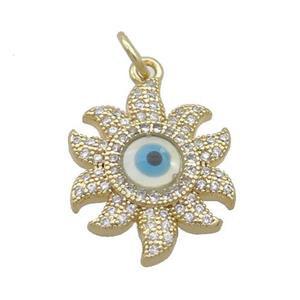 Copper Sun Pendant Pave Zircon Shell Evil Eye Gold Plated, approx 15-19mm [FN35527]