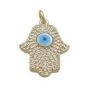 Copper Hamsahand Pendant Pave Zircon Shell Evil Eye Gold Plated, approx 16-20mm [FN35528]