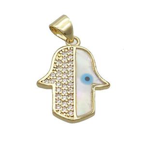 Copper Hamsahand Pendant Pave Zircon Shell Evil Eye Gold Plated, approx 15-18mm [FN35540]