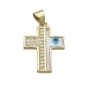 Copper Cross Pendant Pave Zircon Shell Evil Eye Gold Plated, approx 15-18mm [FN35541]